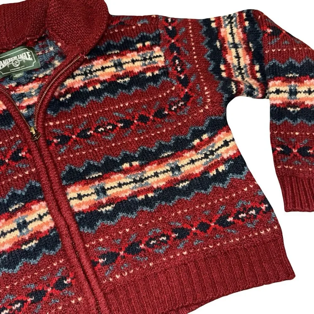 American Eagle‎ Super Soft Red Fair Isle Full Zip Up Cardigan Sweater Size Med